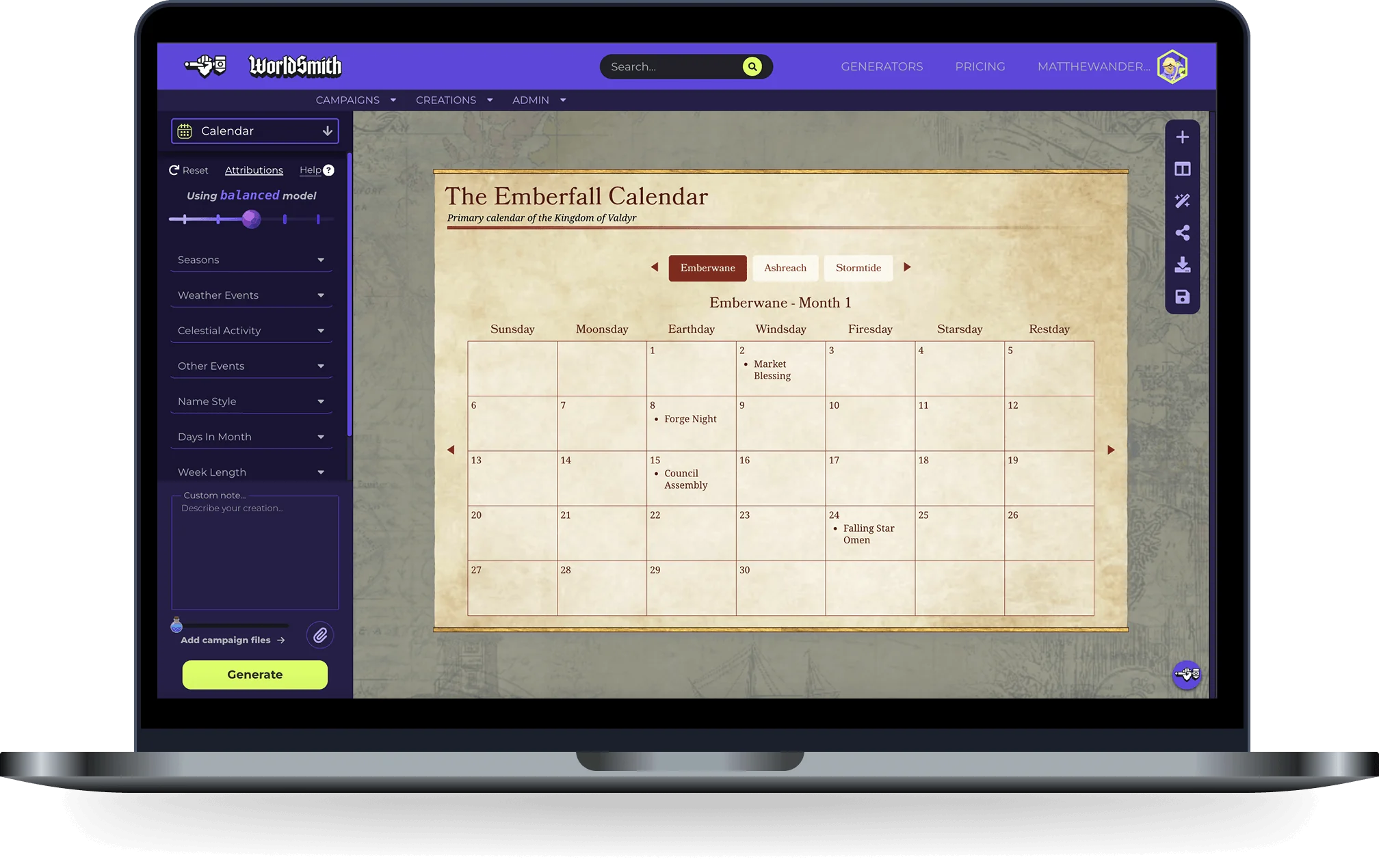 D&D Calendar generator interface preview on a laptop
