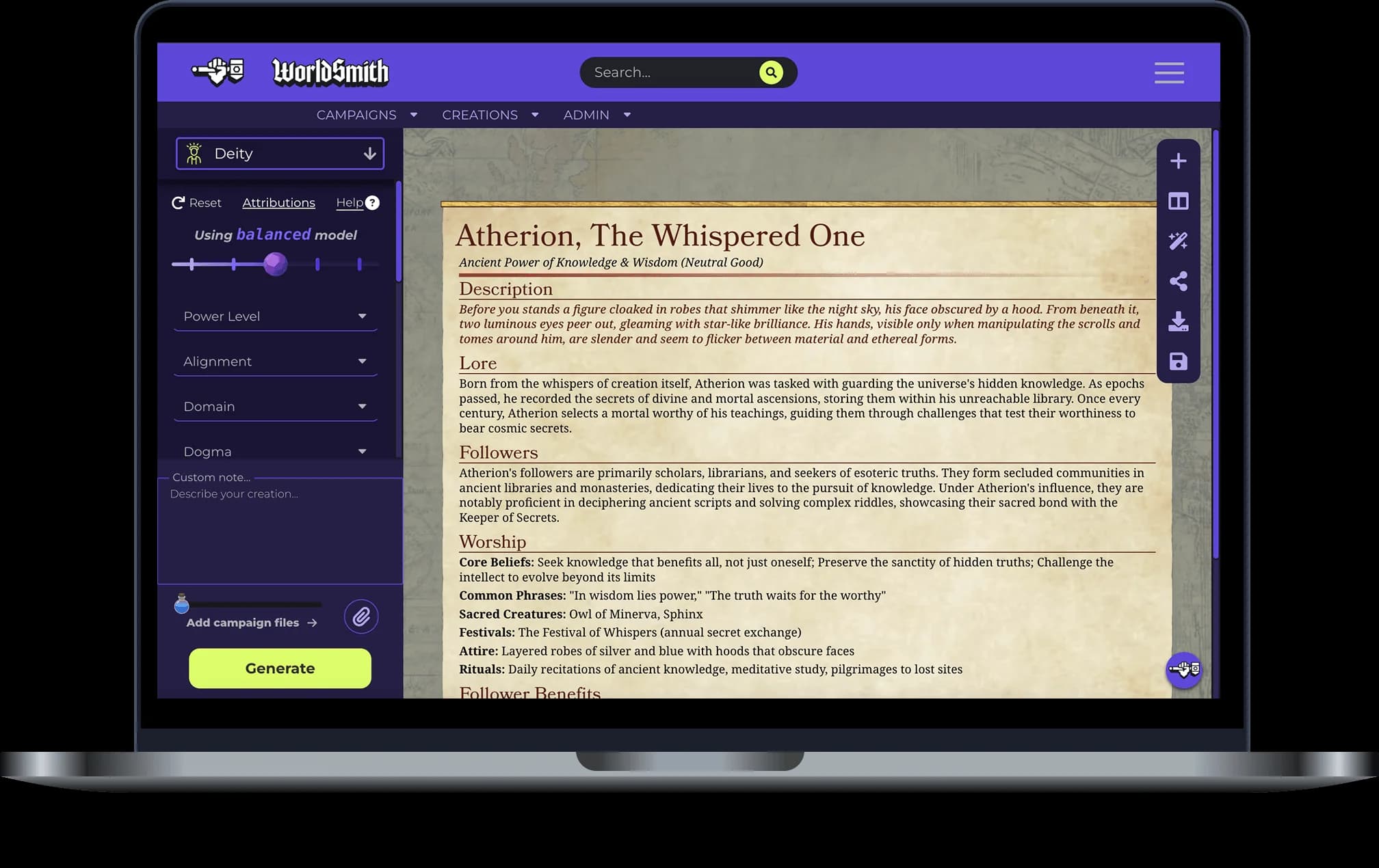 D&D Deity generator interface preview on a laptop