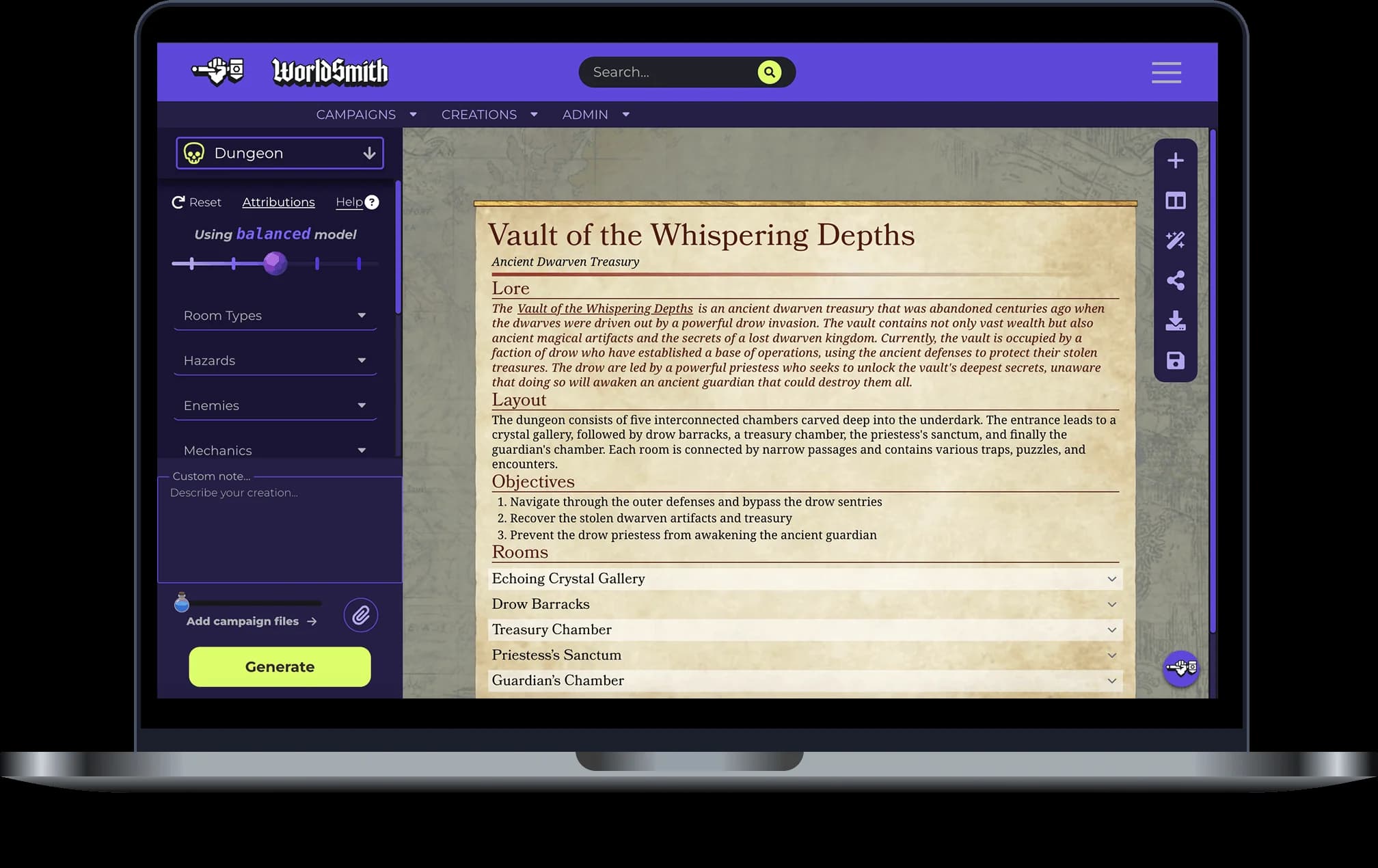 D&D Dungeon generator interface preview on a laptop