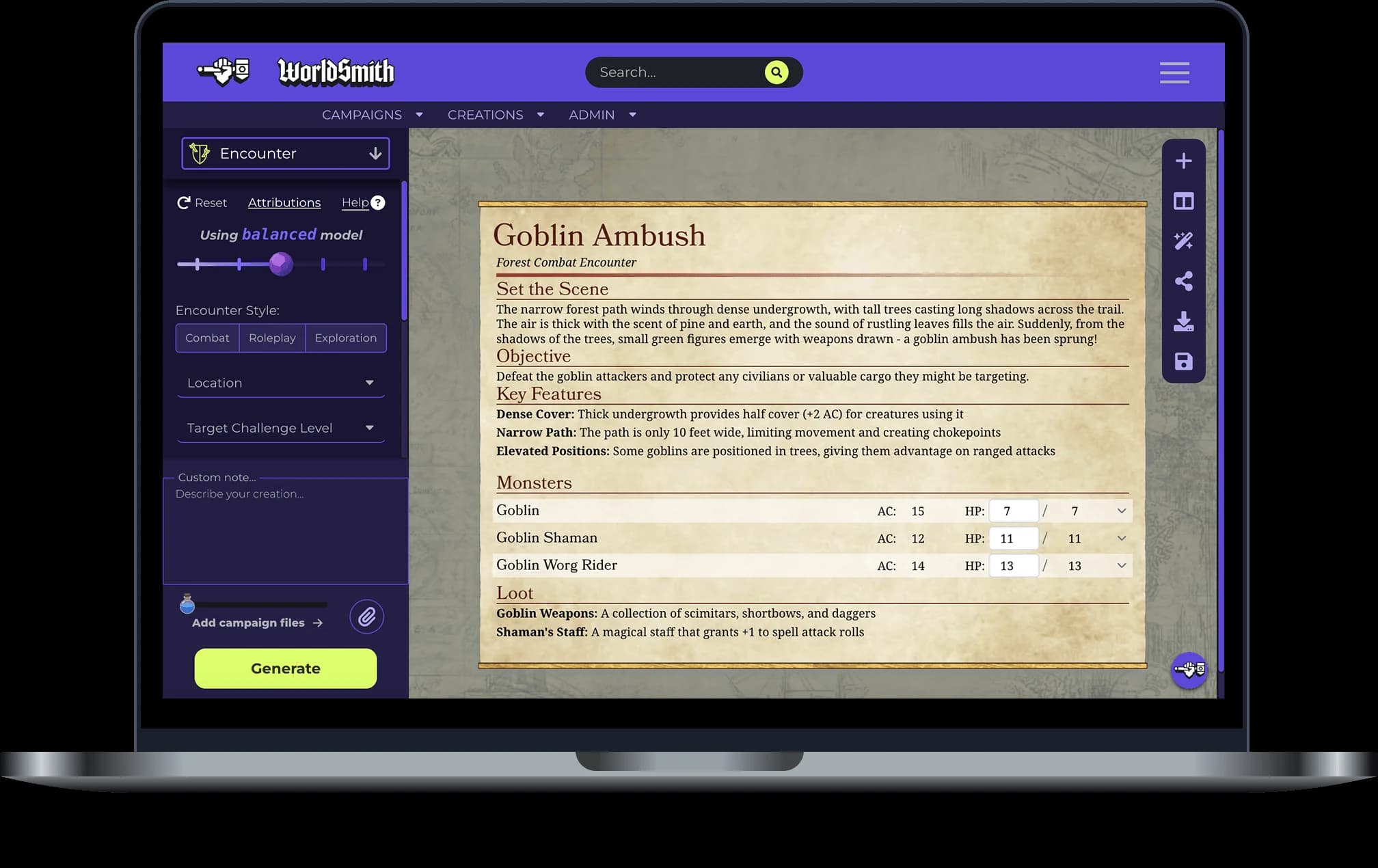 D&D Encounter generator interface preview on a laptop
