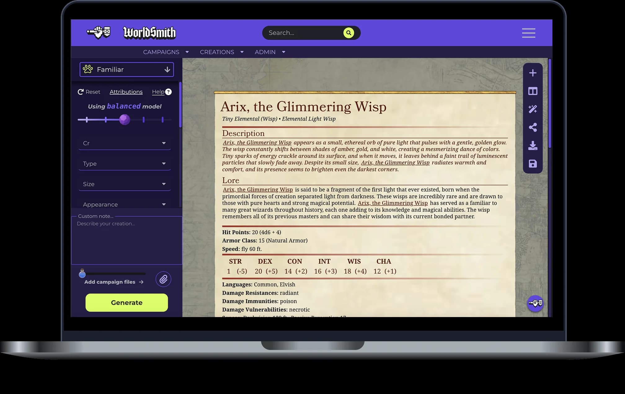 D&D Familiar generator interface preview on a laptop
