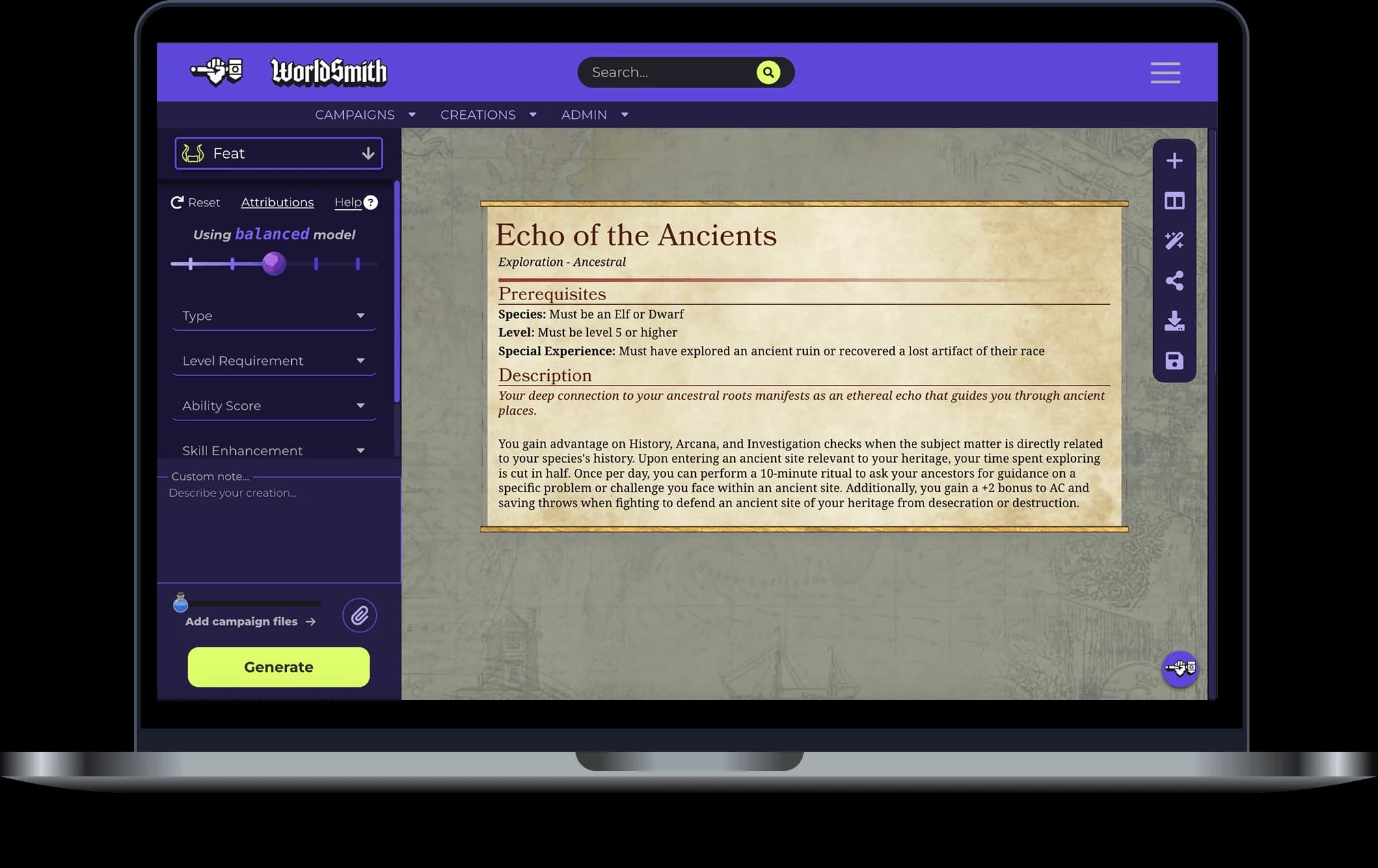 D&D Feat generator interface preview on a laptop
