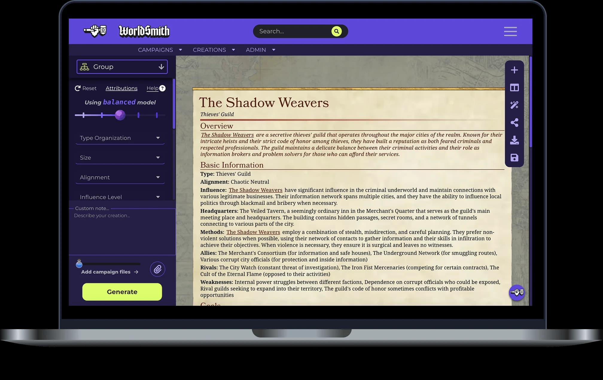 D&D Group generator interface preview on a laptop