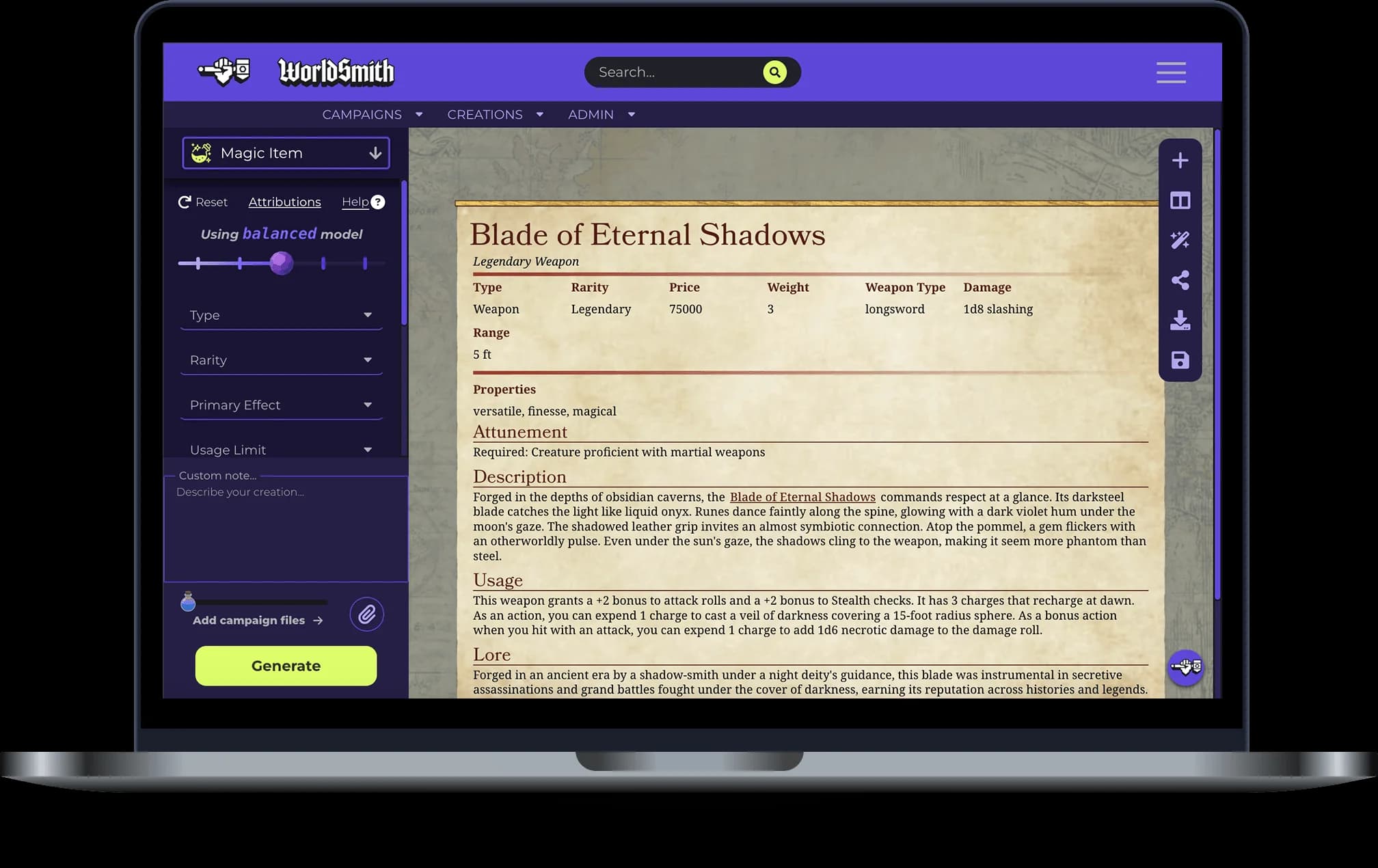 D&D Magic Item generator interface preview on a laptop
