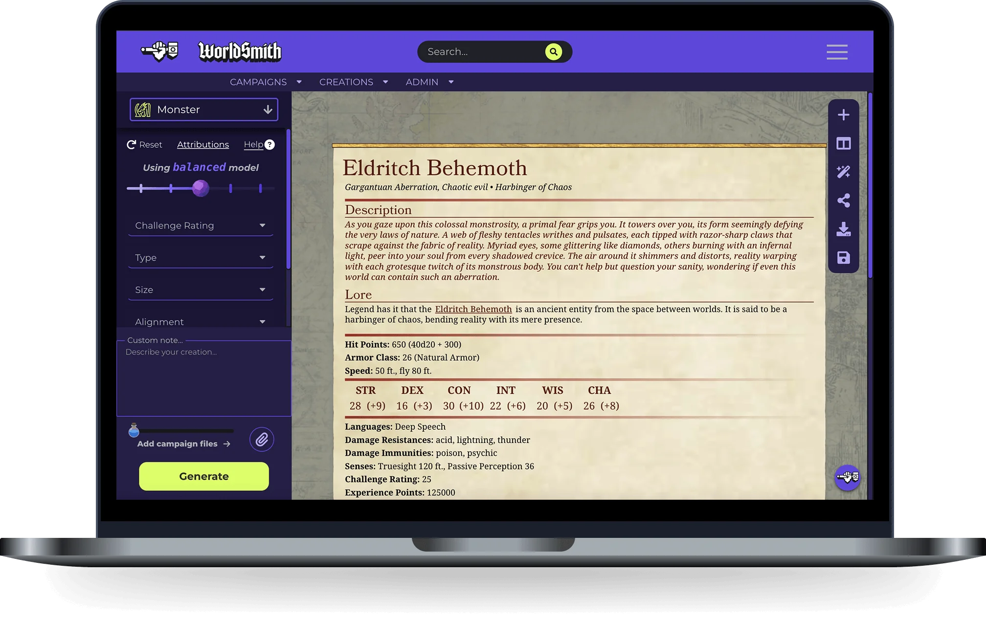 D&D Monster generator interface preview on a laptop