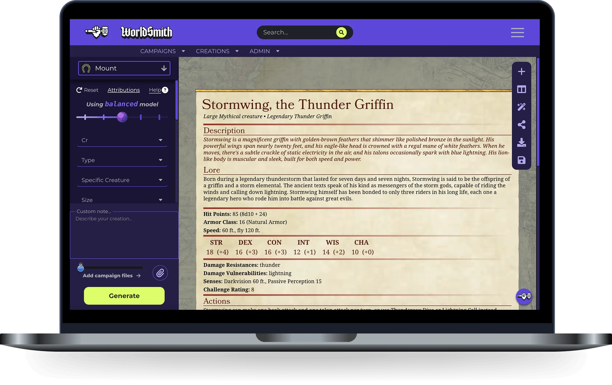 D&D Mount generator interface preview on a laptop