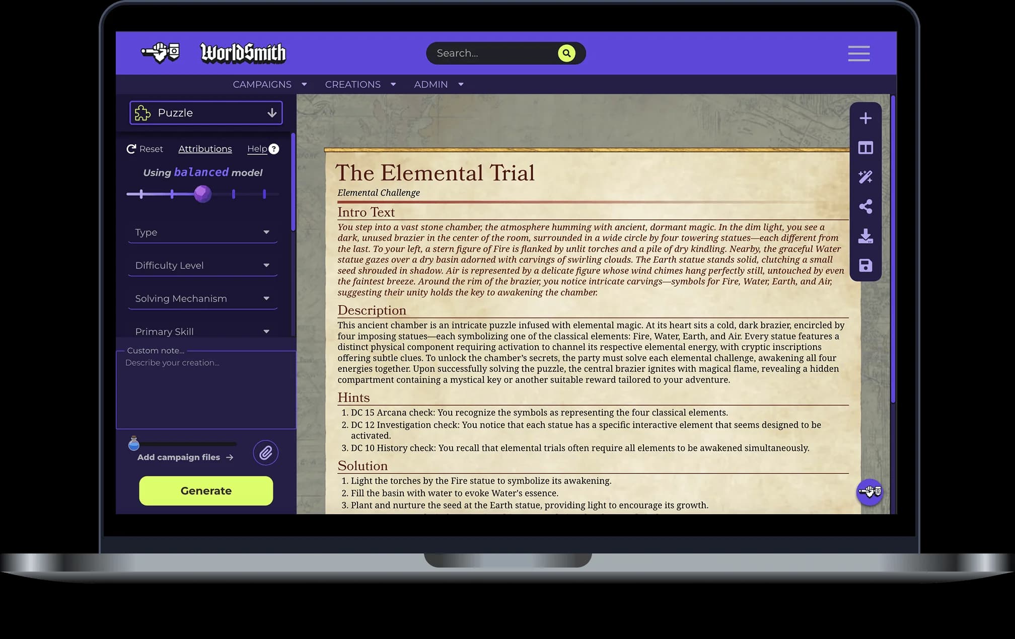 D&D Puzzle generator interface preview on a laptop