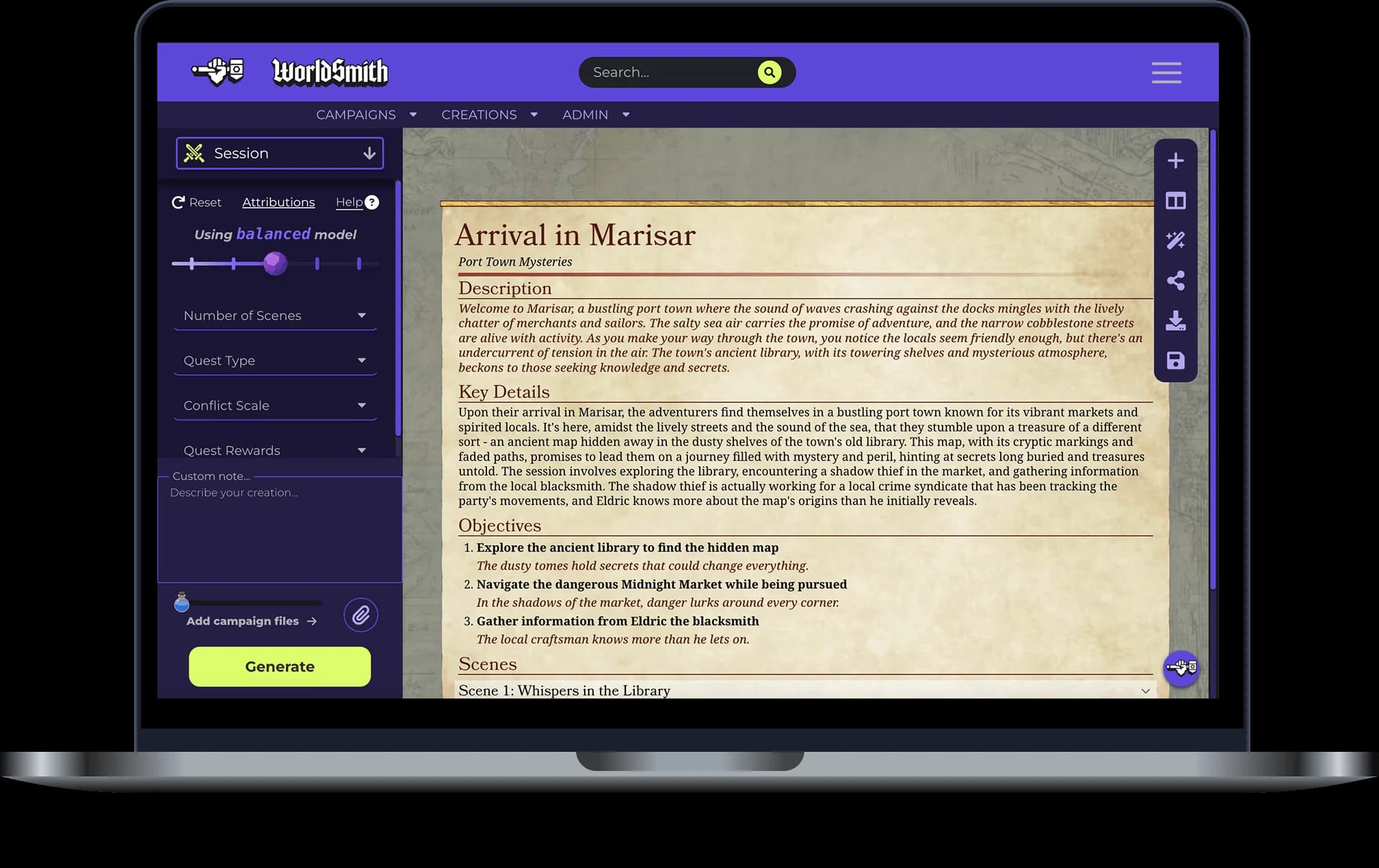 D&D Session generator interface preview on a laptop