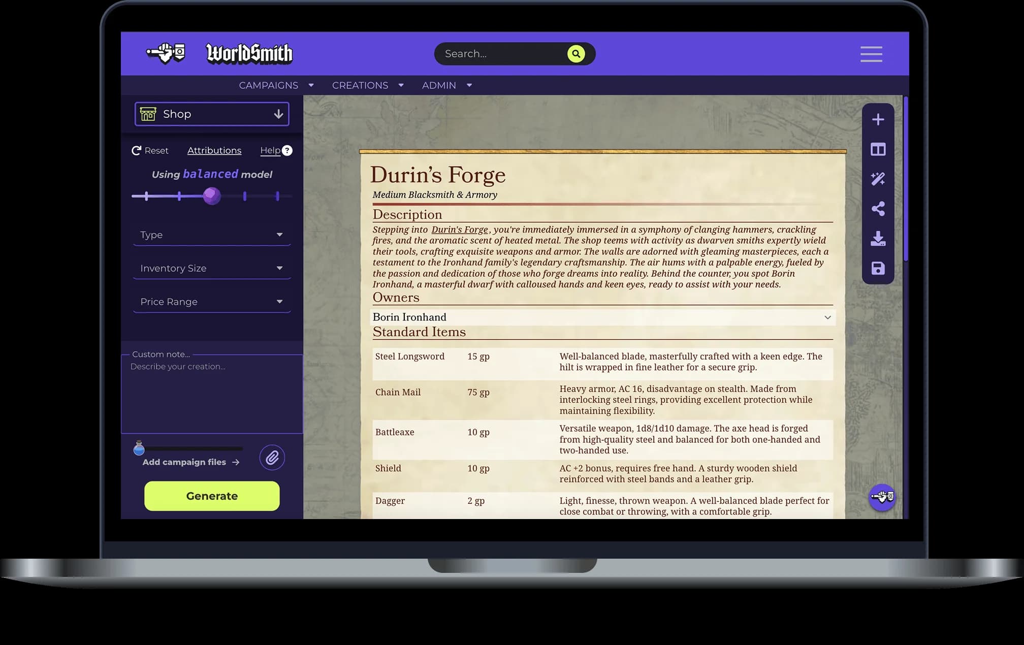 D&D Shop generator interface preview on a laptop
