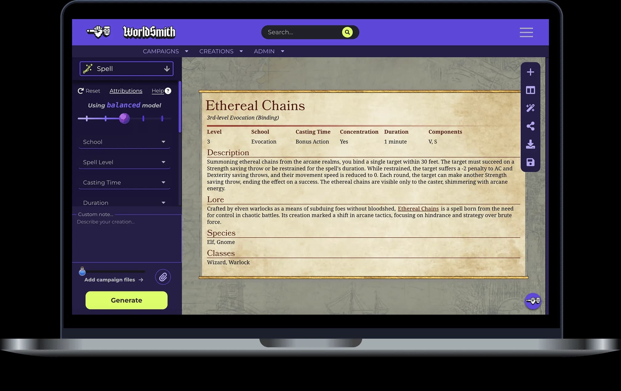 D&D Spell generator interface preview on a laptop