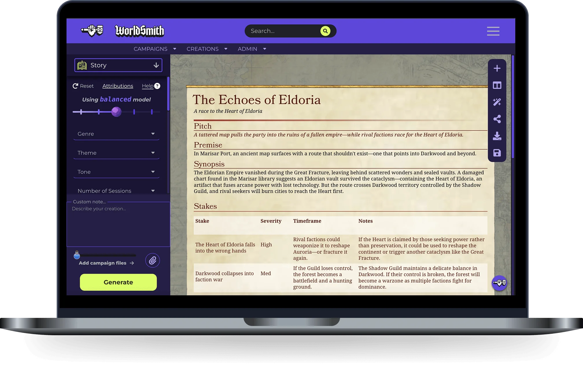 D&D Story generator interface preview on a laptop