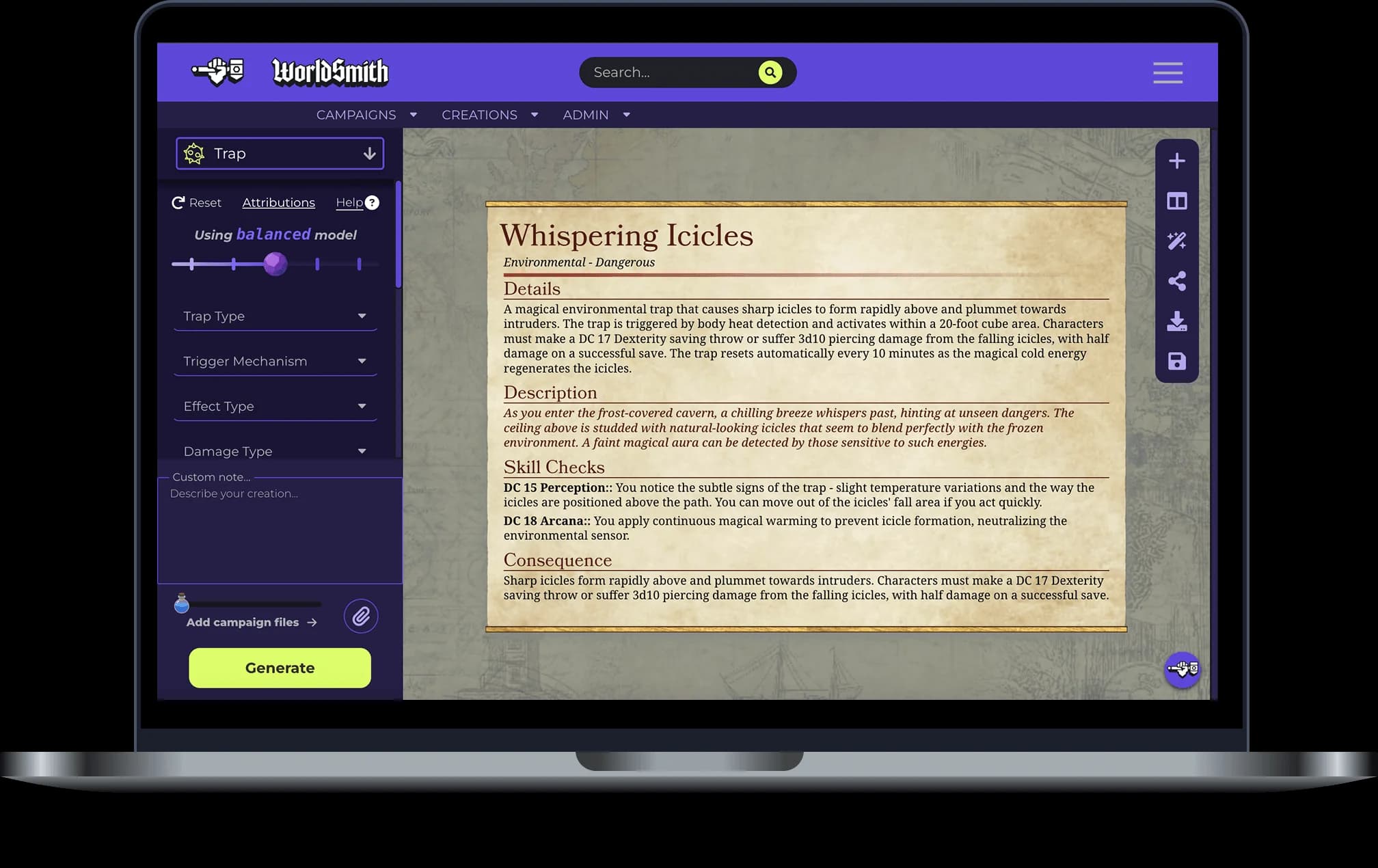 D&D Trap generator interface preview on a laptop