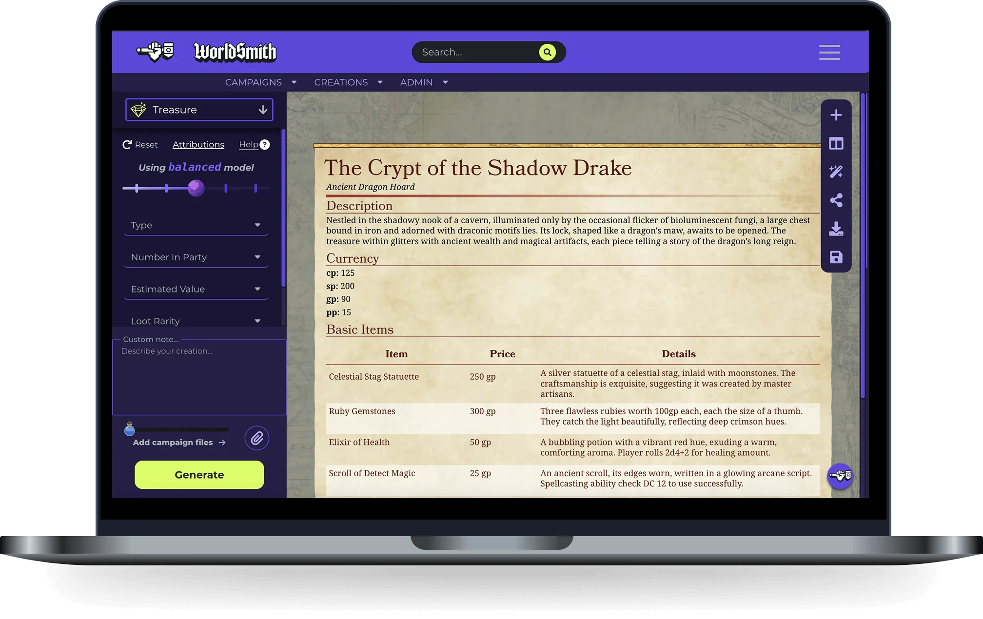 D&D Treasure generator interface preview on a laptop