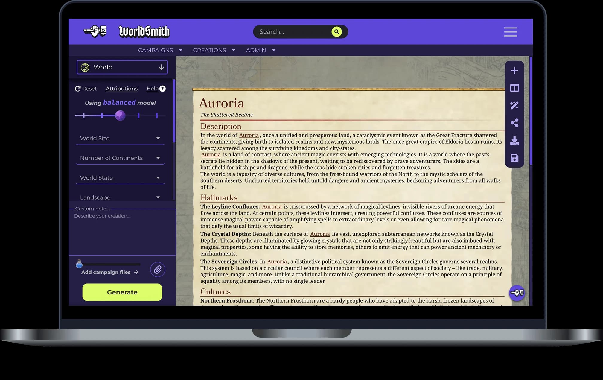 D&D World generator interface preview on a laptop